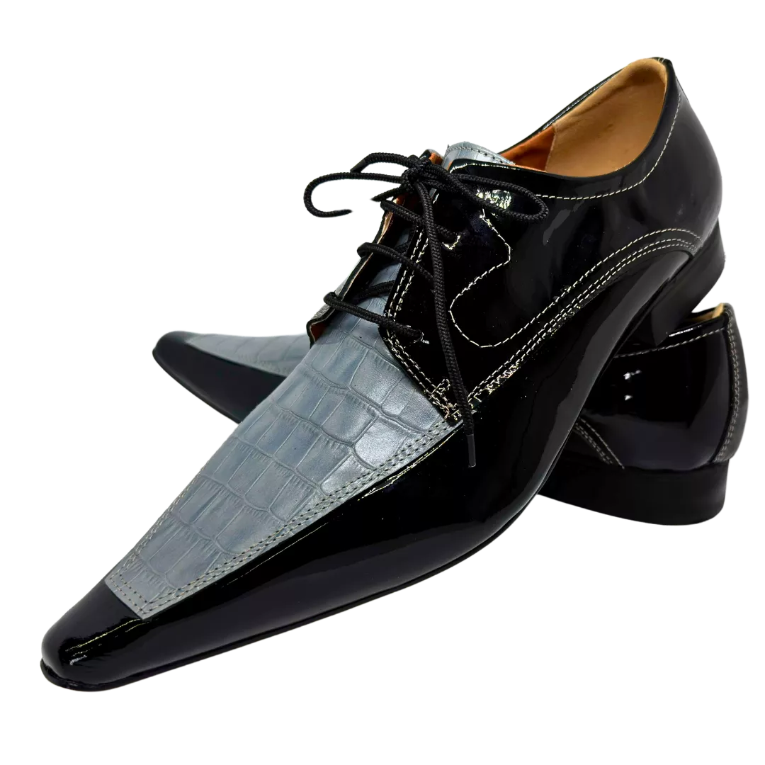 Sapato Masculino Italiano em Couro Preto Verniz Croko Cinza Ref: D951 ...