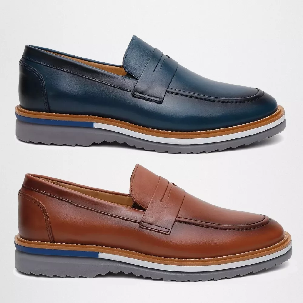 Kit 2 Mocassim Masculino Oxford Couro Soft - Avelã + Azul | Atria