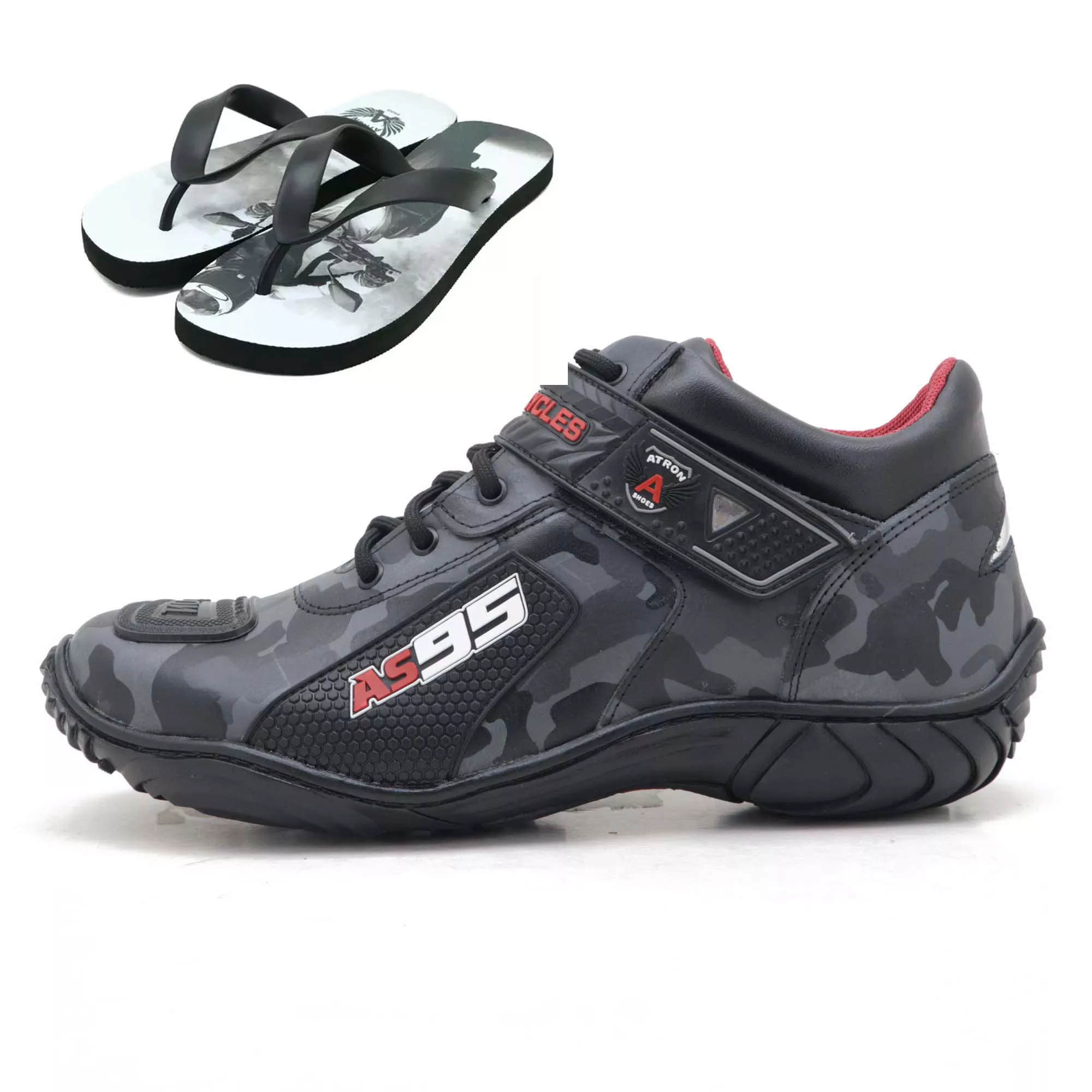 Kit chinelo Tênis motociclista AS95 camuflado cinza em couro legítimo ...