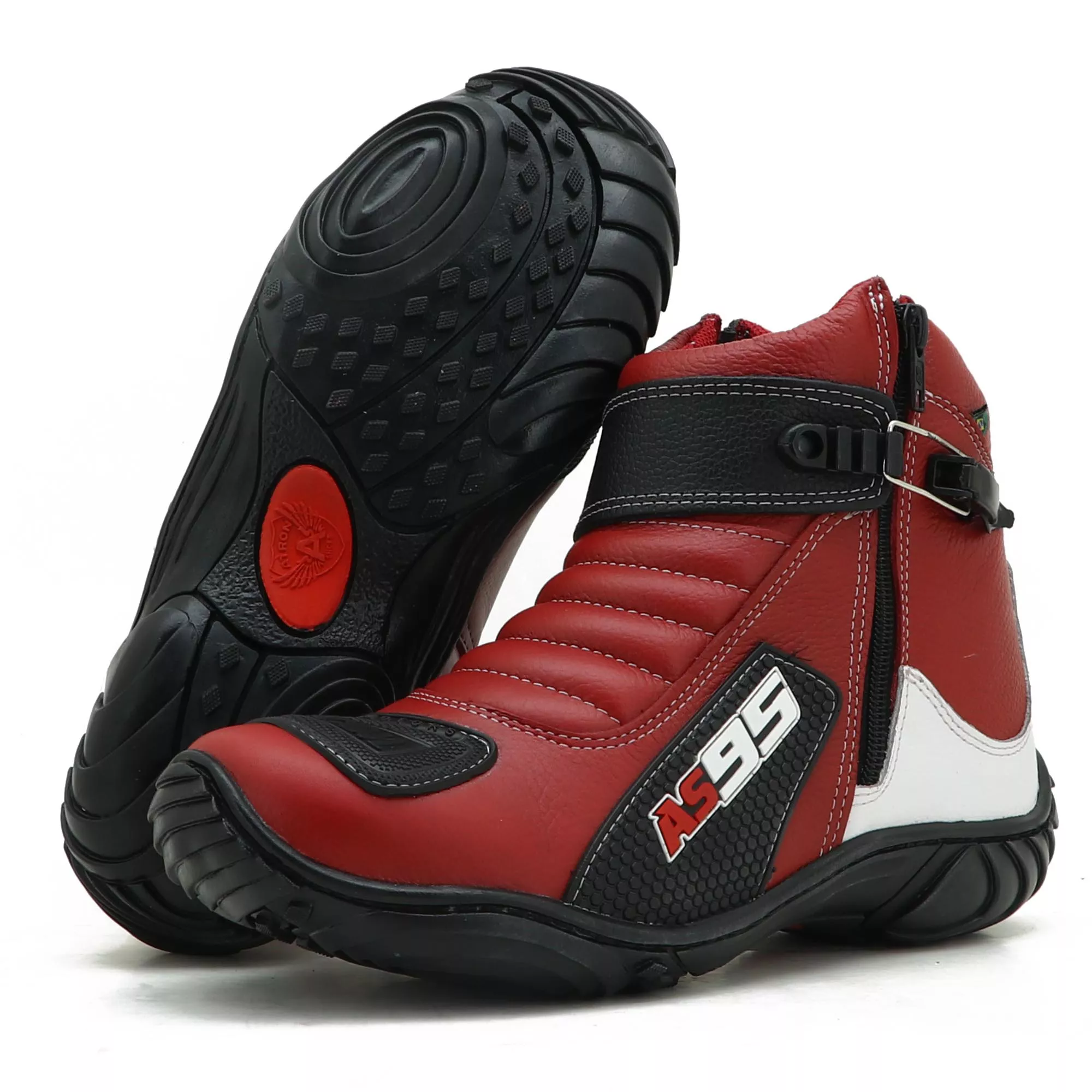 Bota motociclista Atron Shoes Em couro Legítimo Vermelho branco e preto ...