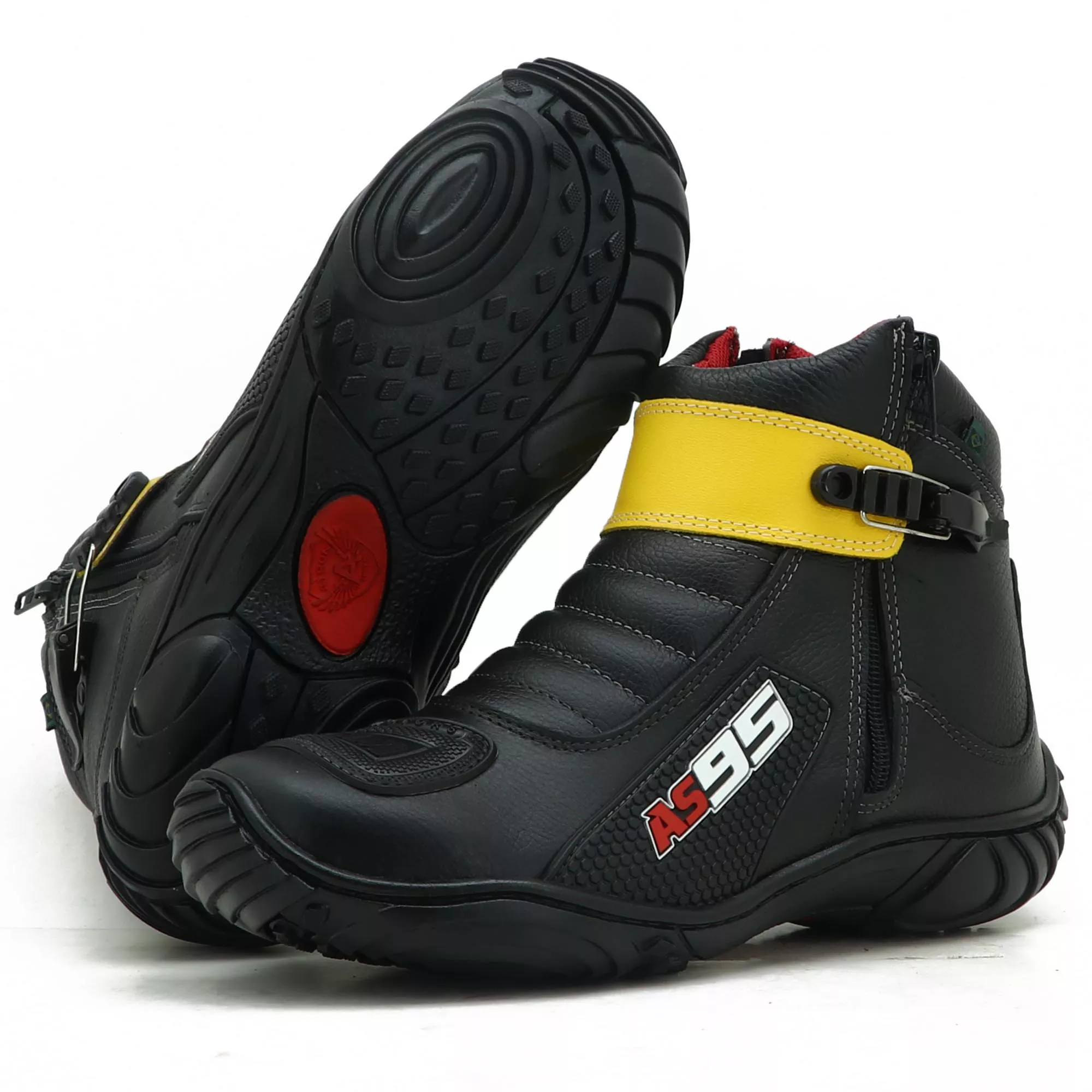 Bota motociclista Couro Legítimo na cor Preto com Amarelo Atron Shoes ...