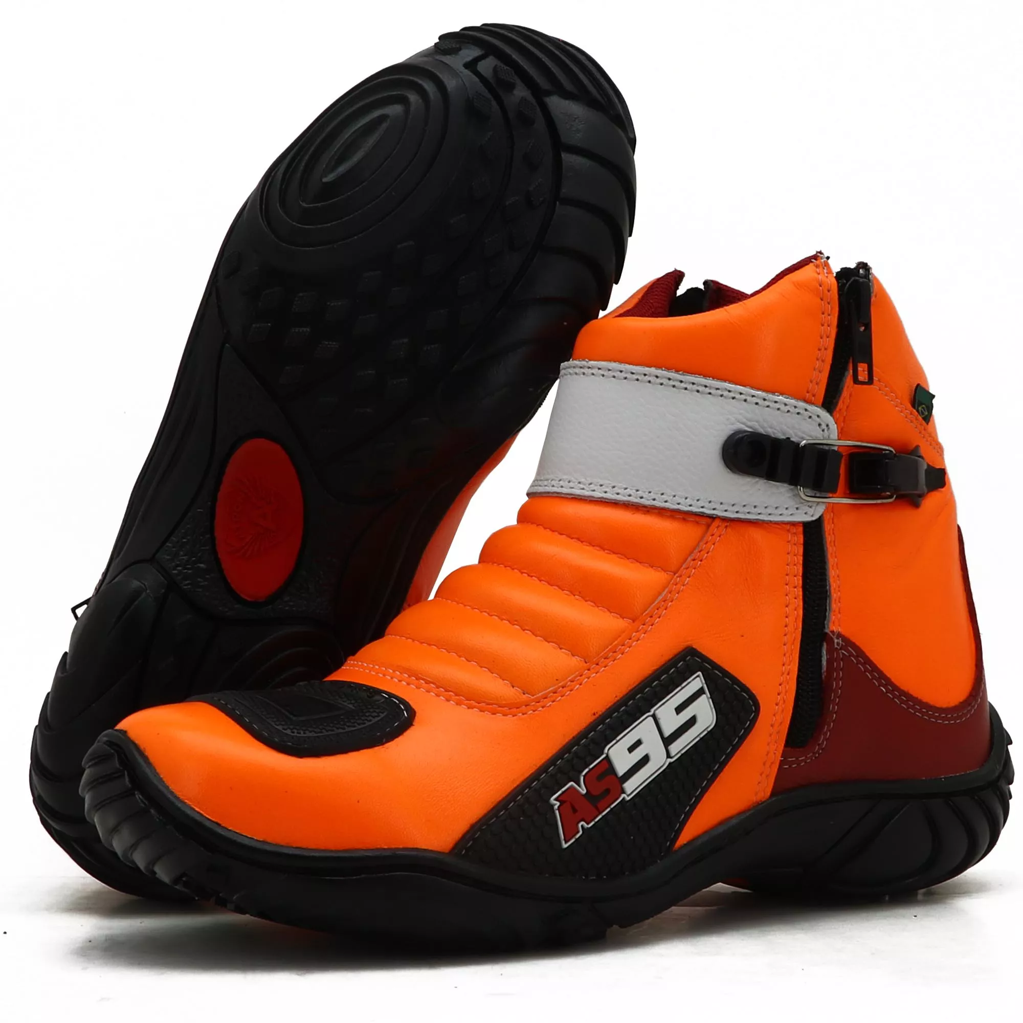 Bota Motociclista Couro Legítimo Laranja Vermelho Branco AS95 | Atron Shoes