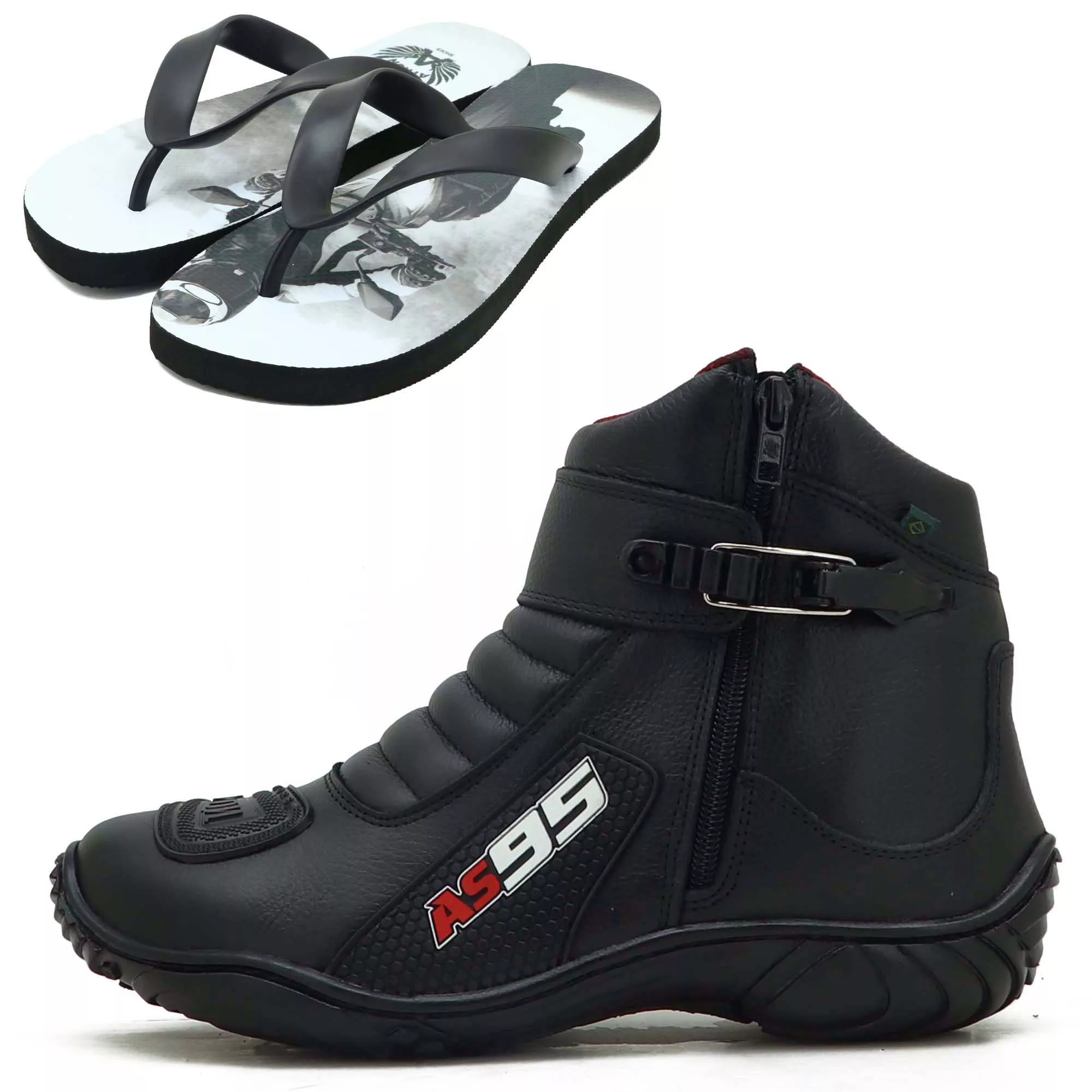 BOTA MOTOCICLISTA EM COURO LEGÍTIMO NA COR PRETO AS95 KIT CHINELO ...