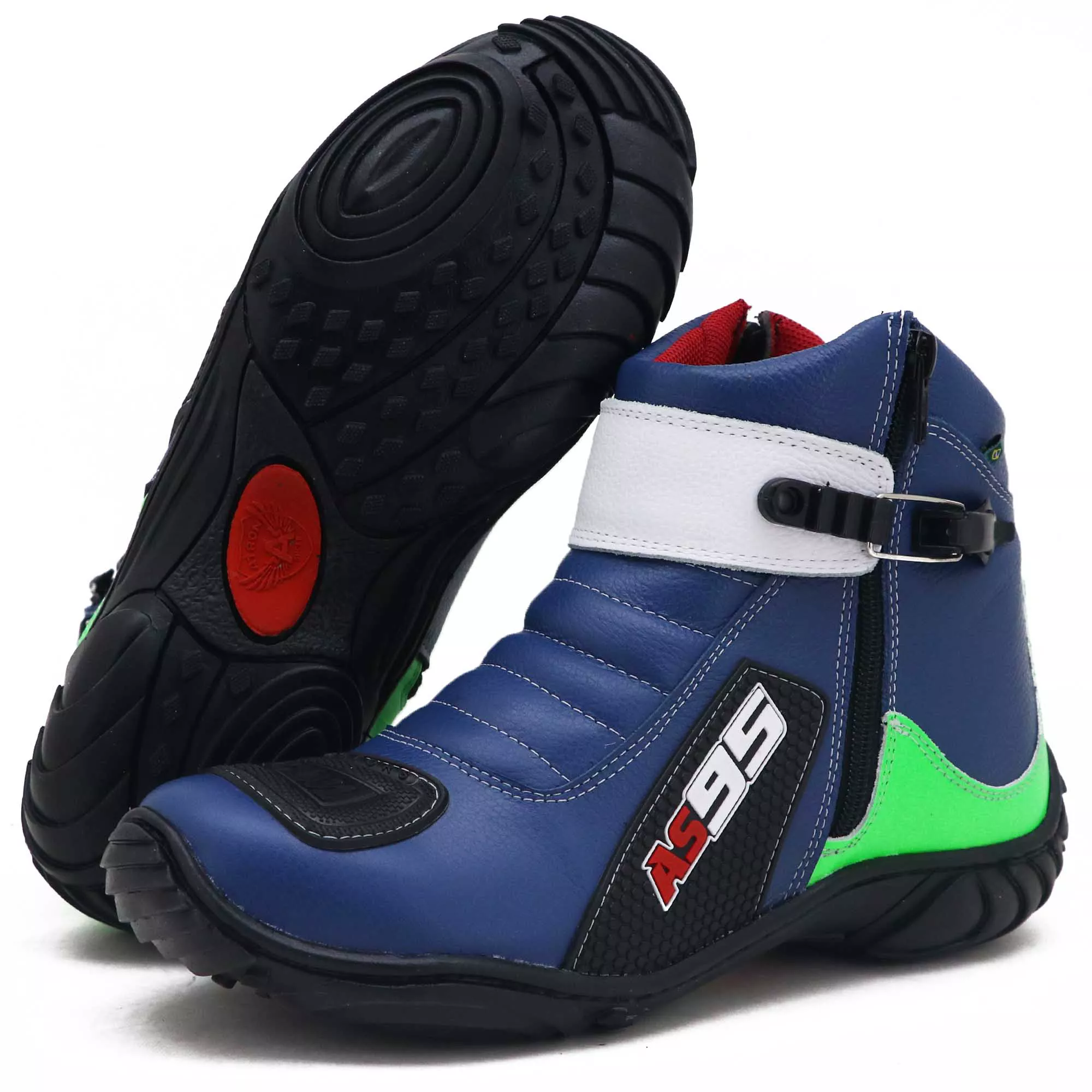 Bota motociclista AS95 em couro legítimo nas cores azul verde e branco ...