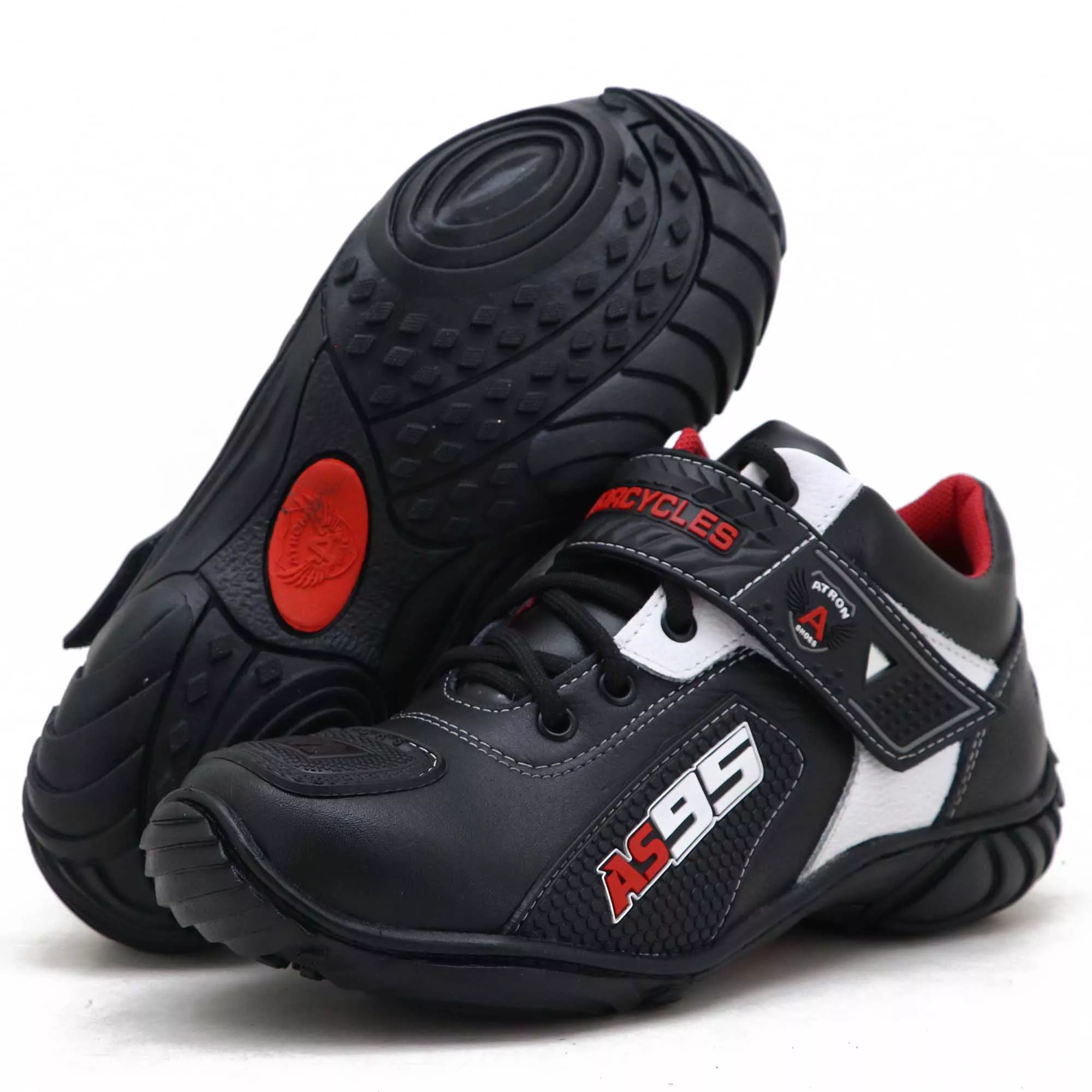 Tênis motociclista AS95 de couro legítimo nas cores preto com branco ...