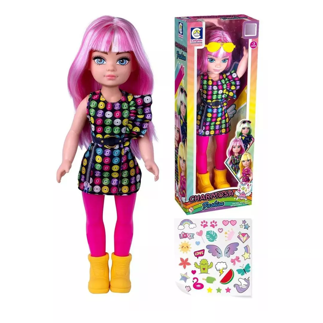 Boneca Charmosa Fashion Cabelo Rosa - Cotiplás | BAIUCA