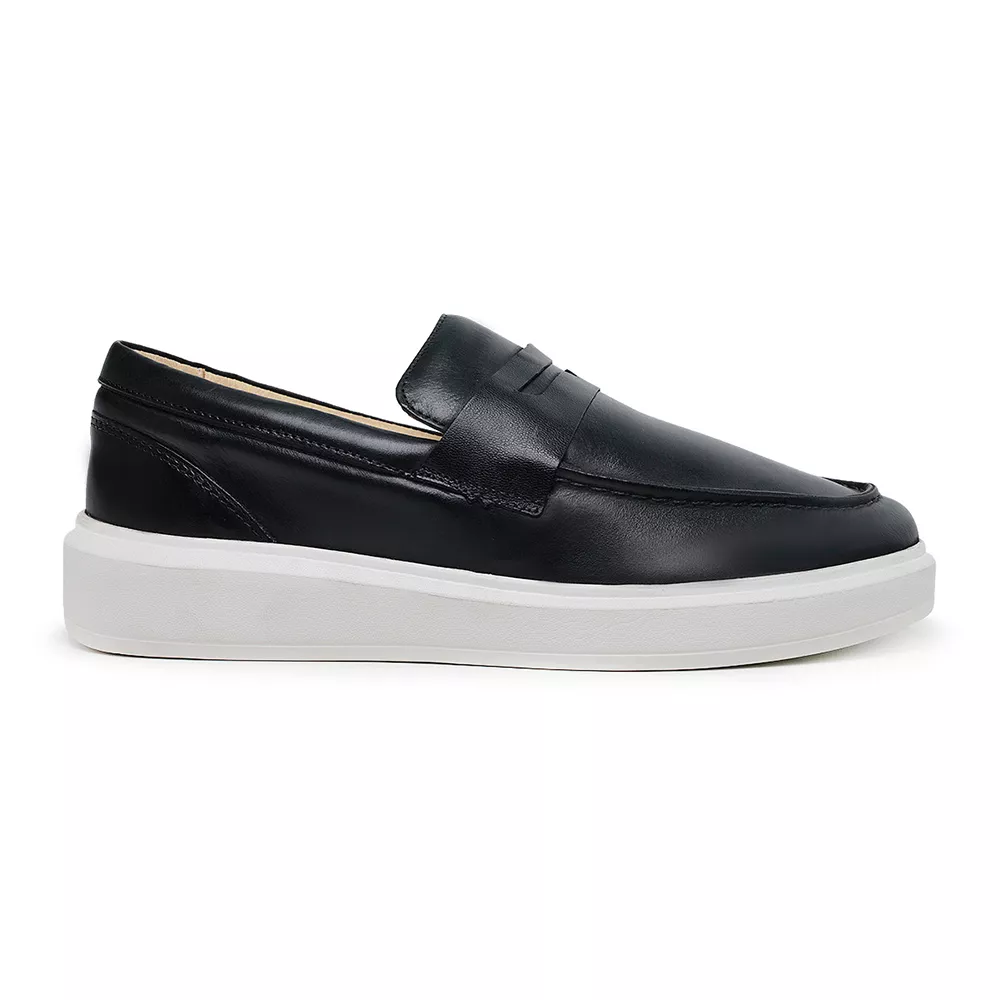 Sapato Masculino Mocassim Master Couro Preto Sola Alta Branca