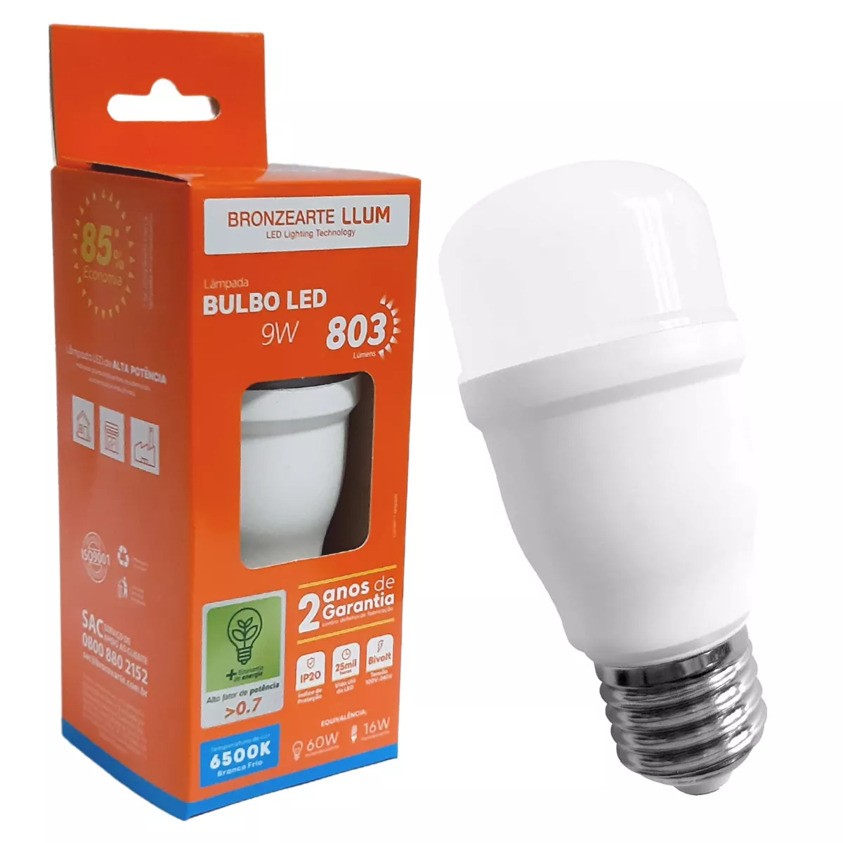Lâmpada Led T45 Bulbo E-27 9W Bivolt 6500K Branca Fria | Broketto