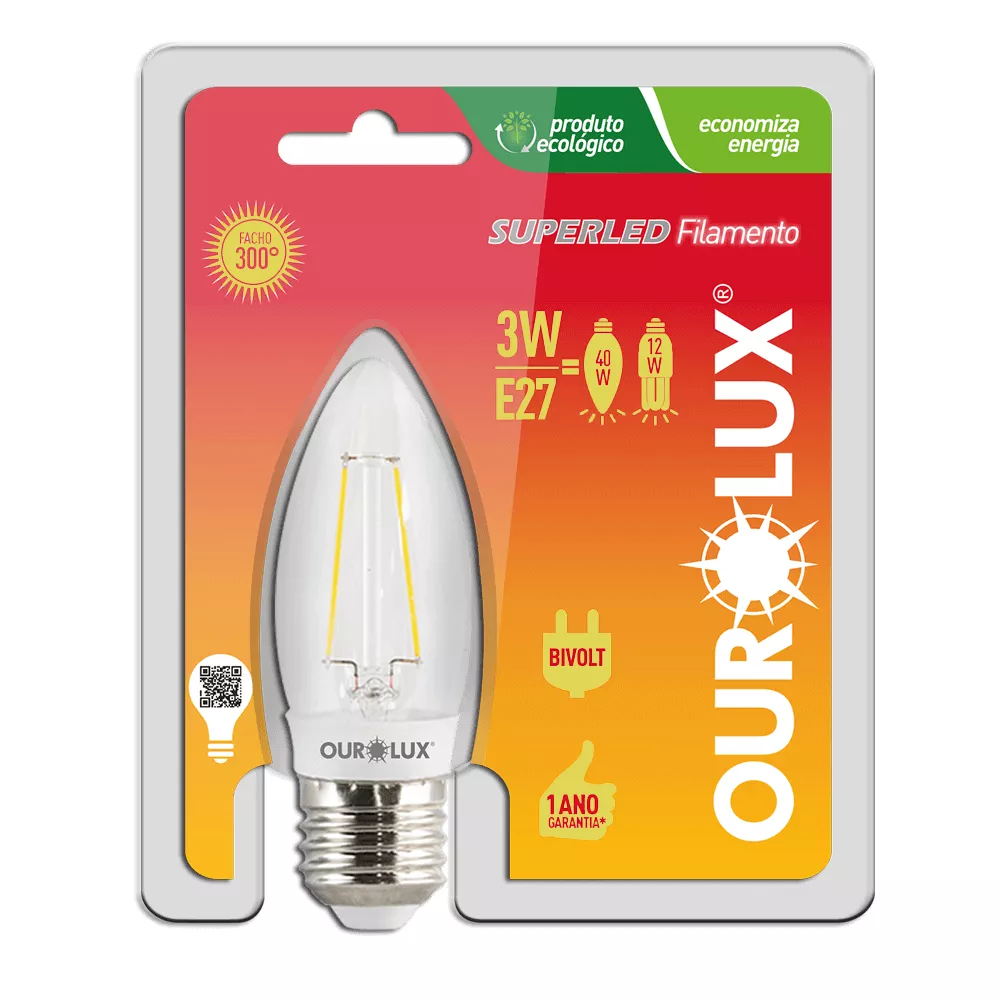 LAMPADA VELA FILAMENTO CLARA E-27 3W (Luz Branca Morna) | Casa Anzai