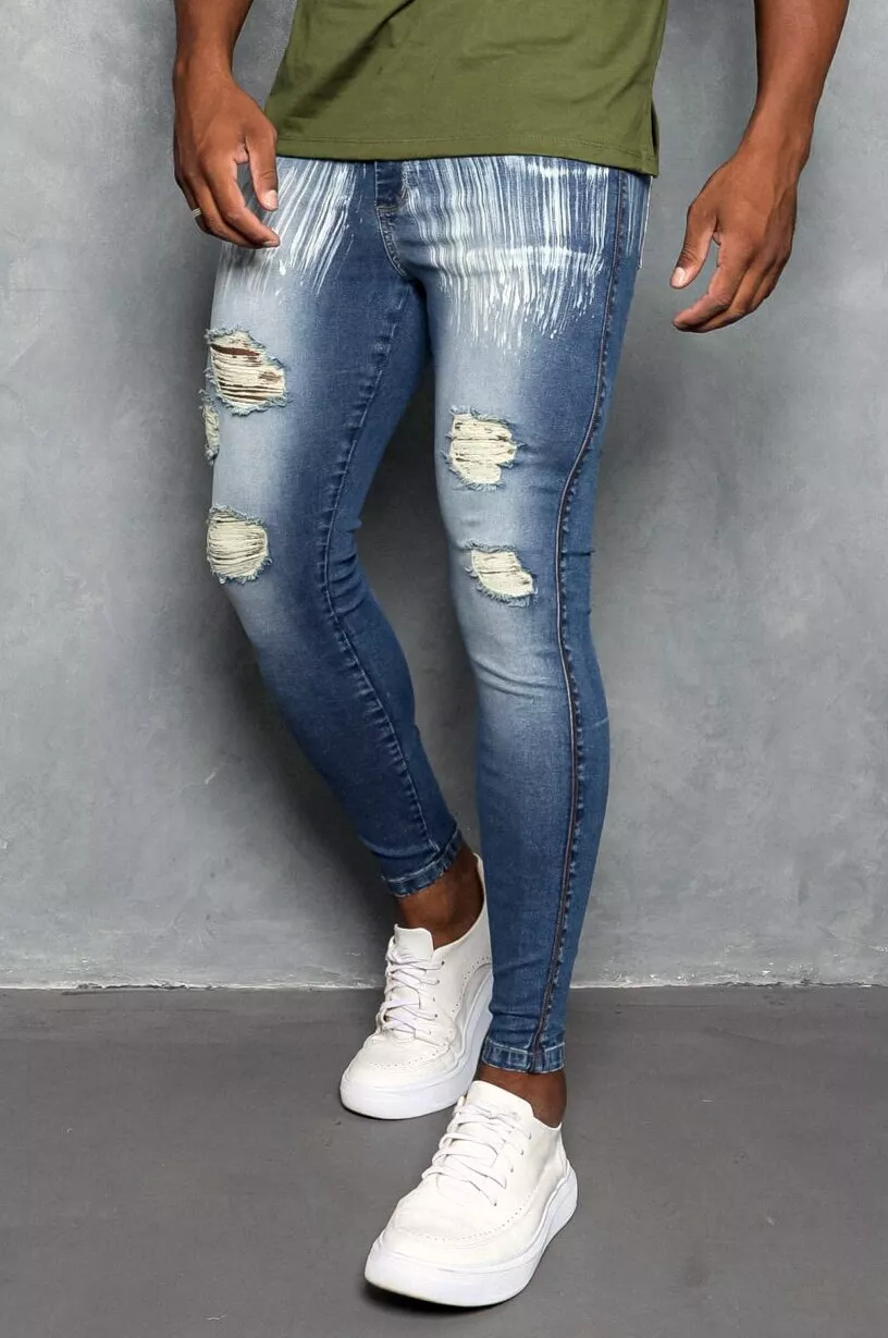 Calça Jeans Destroyed Super Skinny Devorê Escovado Premium