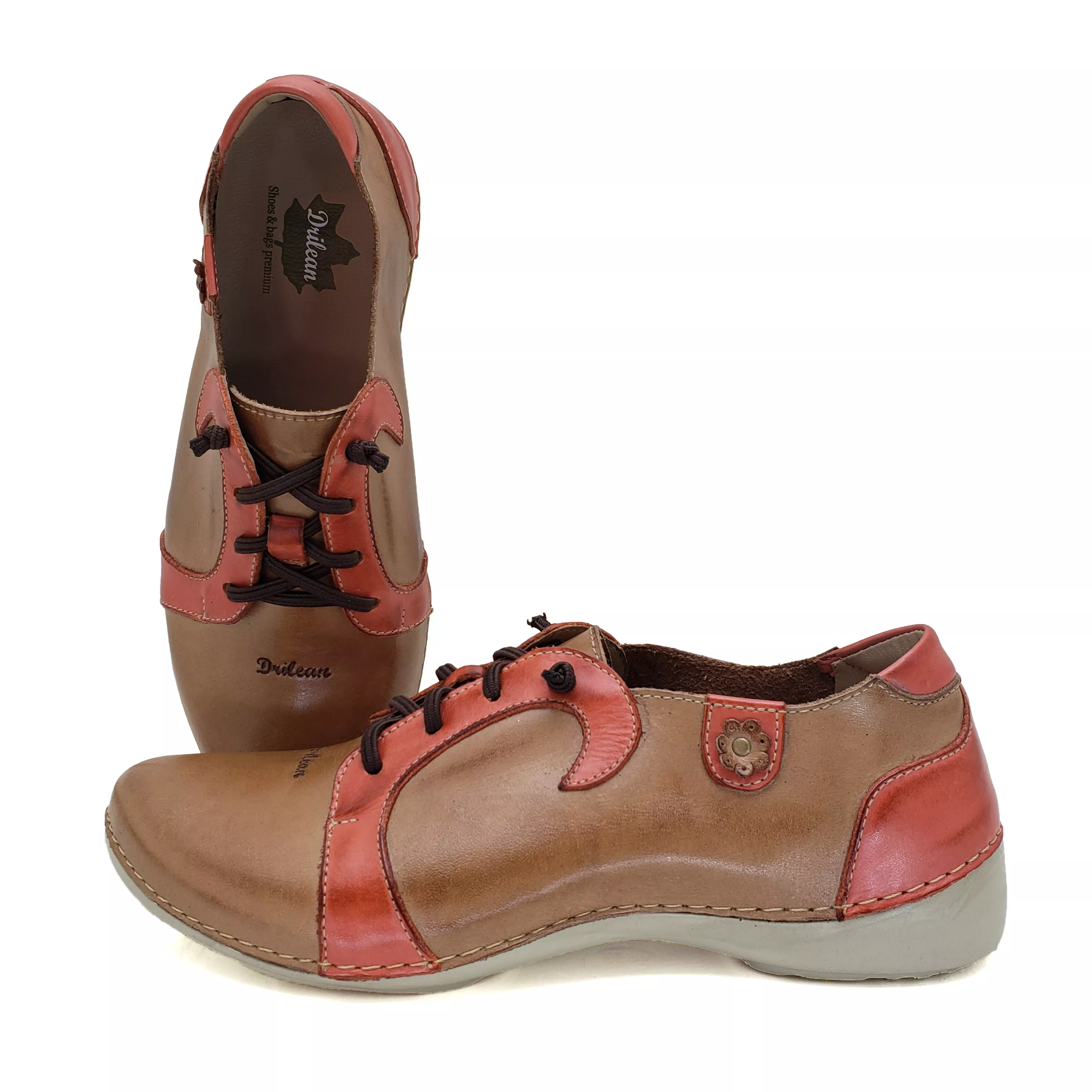 Tênis feminino AL 027 caramelo com detalhes coral em couro 100