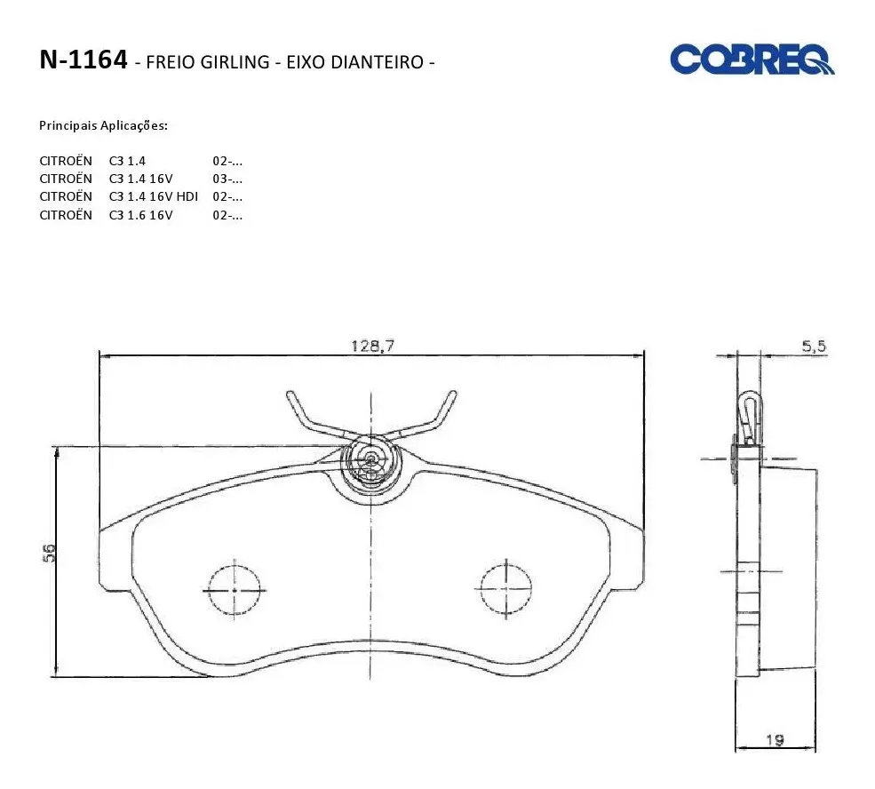 Pastilha do Freio Dianteira - Cobreq - N1164 (Citroen C3) - Grupo