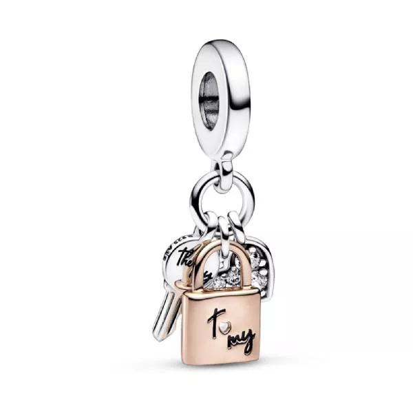Charm Pandora Pendente Chave, Cadeado e Coração