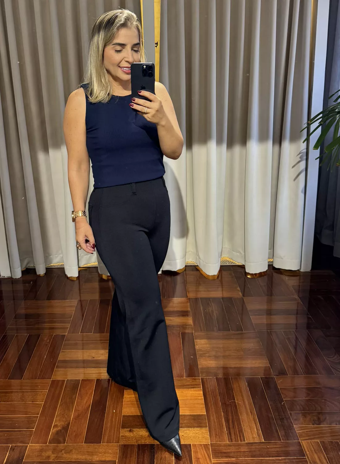 Calça Feminina Wideleg Preta Malha Poliamida Loopper | LOJA VOLARIUM