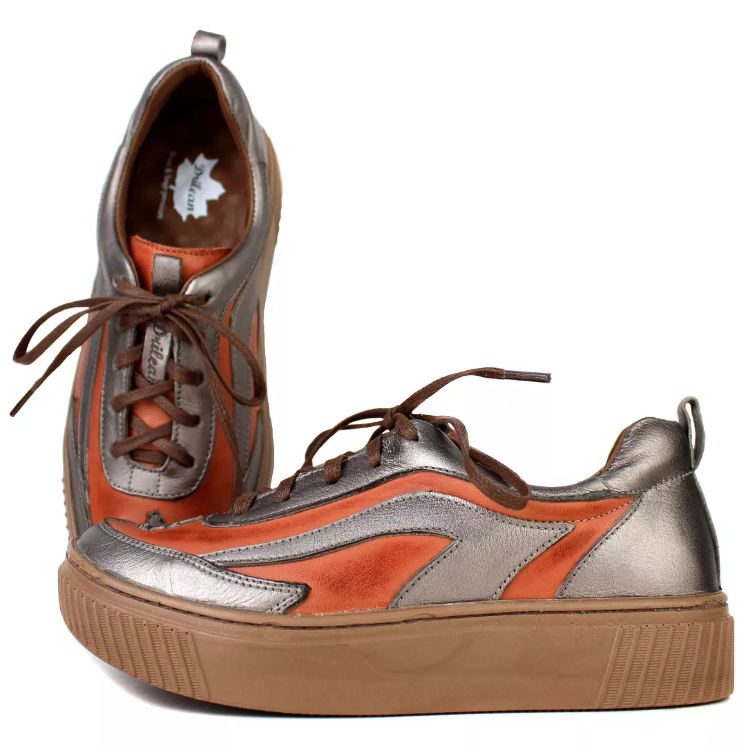 Tênis Feminino em Couro Legítimo com Palmilha em Gel - CORAL /ONIX