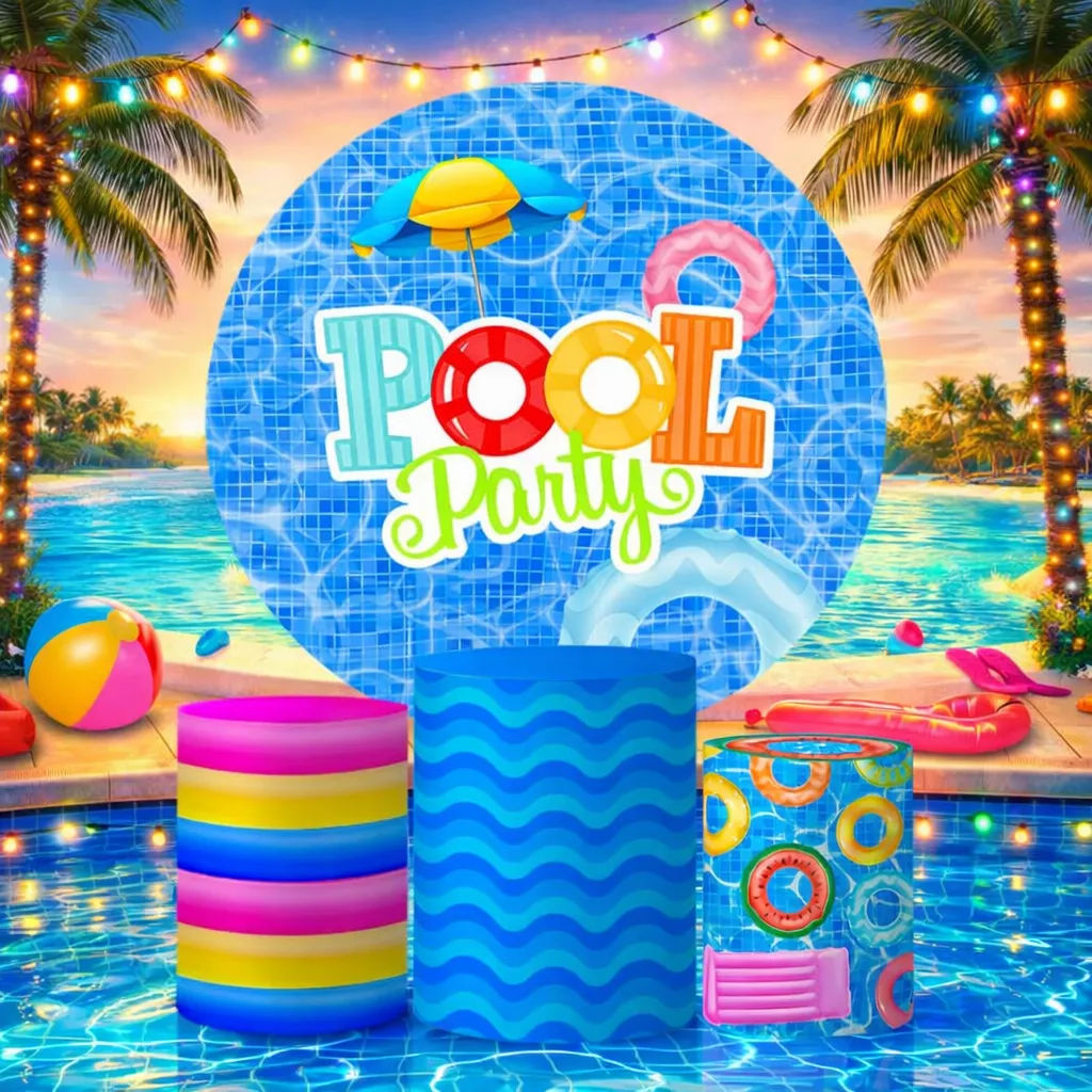 Trio Capa Cilindro + Painel Tema Pool Party Veste Fácil | ESTAMPARIA NET
