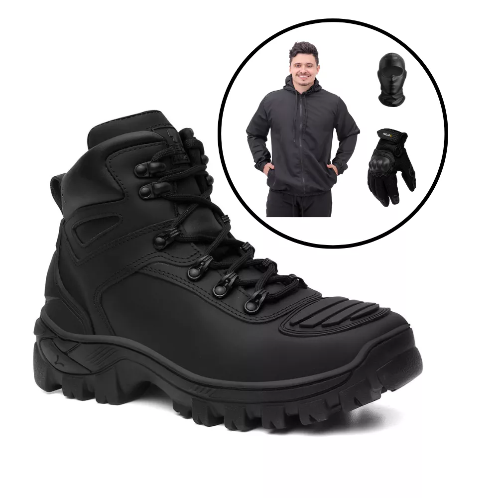 Kit Bota Militar +Corta Vento + Luva Fit + Balaclava| Black - CA