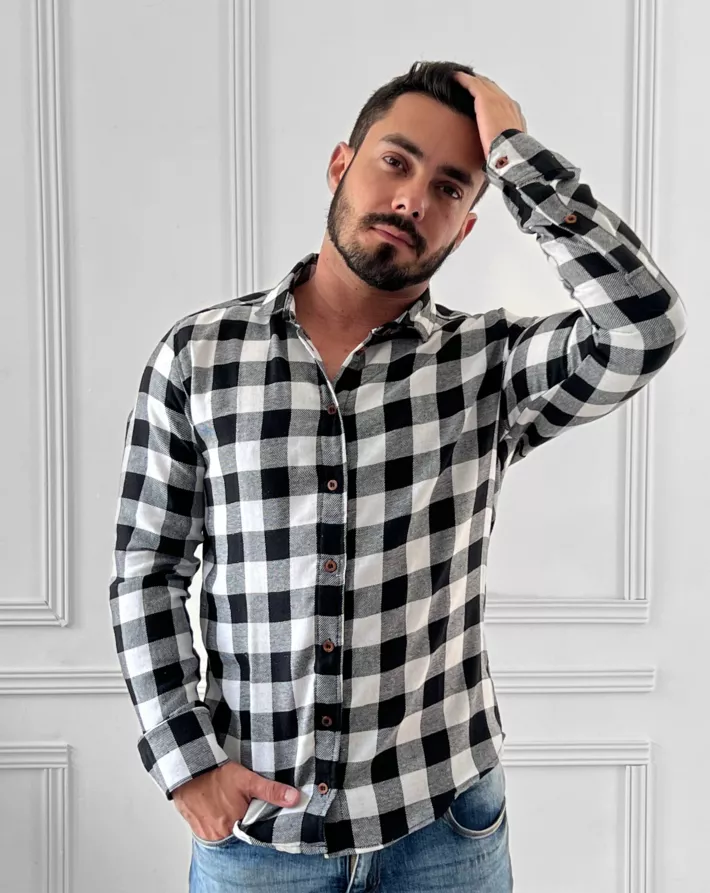 Camisa De Botão Sem Manga Xadrez Preta - Constanzie- Moda