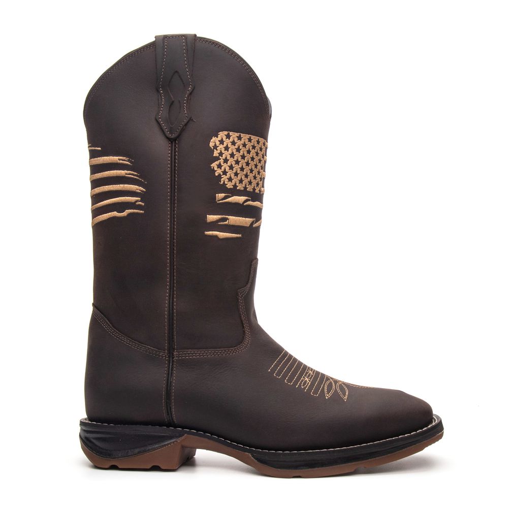 BOTA MASCULINA TEXANA COURO RÚSTICO CAFÉ CANO ALTO EUA