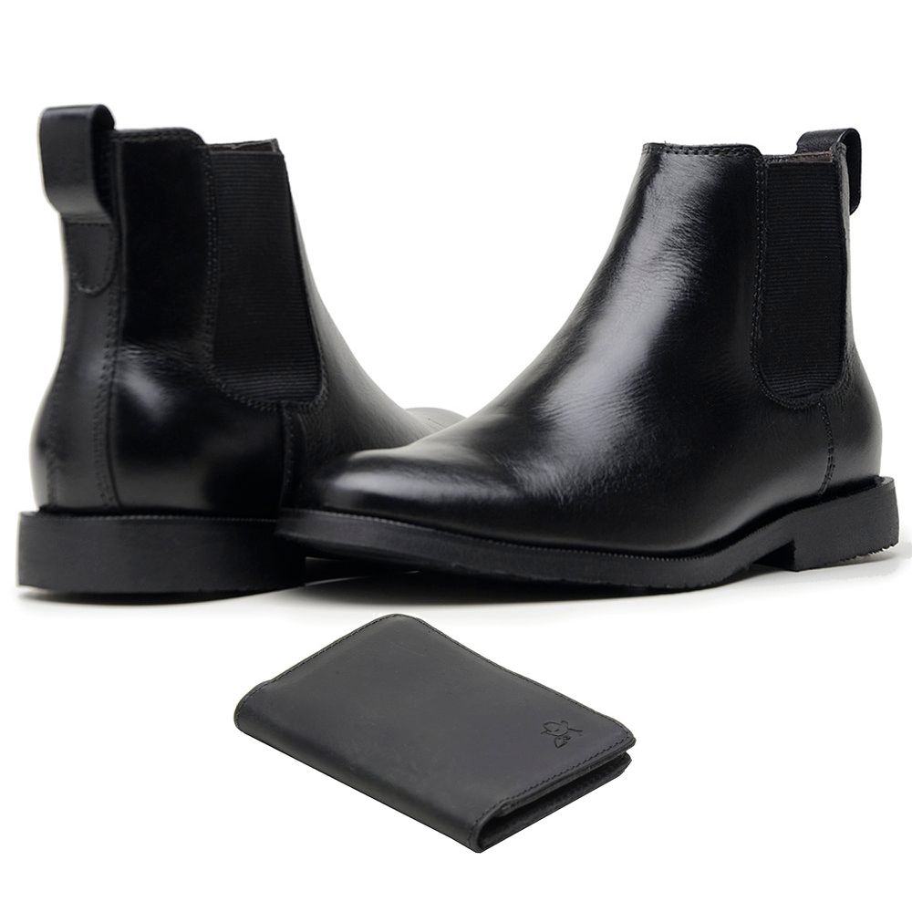 BOTA CHELSEA ANATÔMICA COURO LATEGO PREMIUM PRETO + CARTEIRA RÚSTICO PRETO