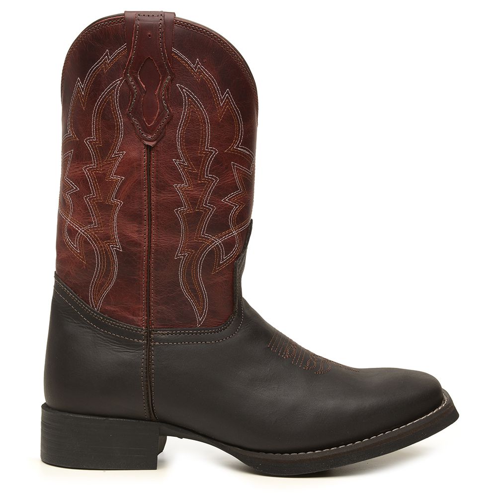 BOTA STRONG BICO QUADRADO RÚSTICO CAFÉ/VERMELHO CANO ALTO BORDADO