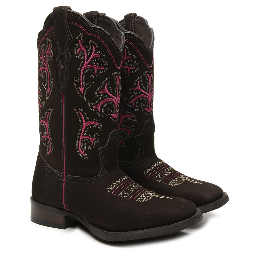 Bota Feminina Texana Couro Nobuk Café Tribal Rosa Sola pre-frezado