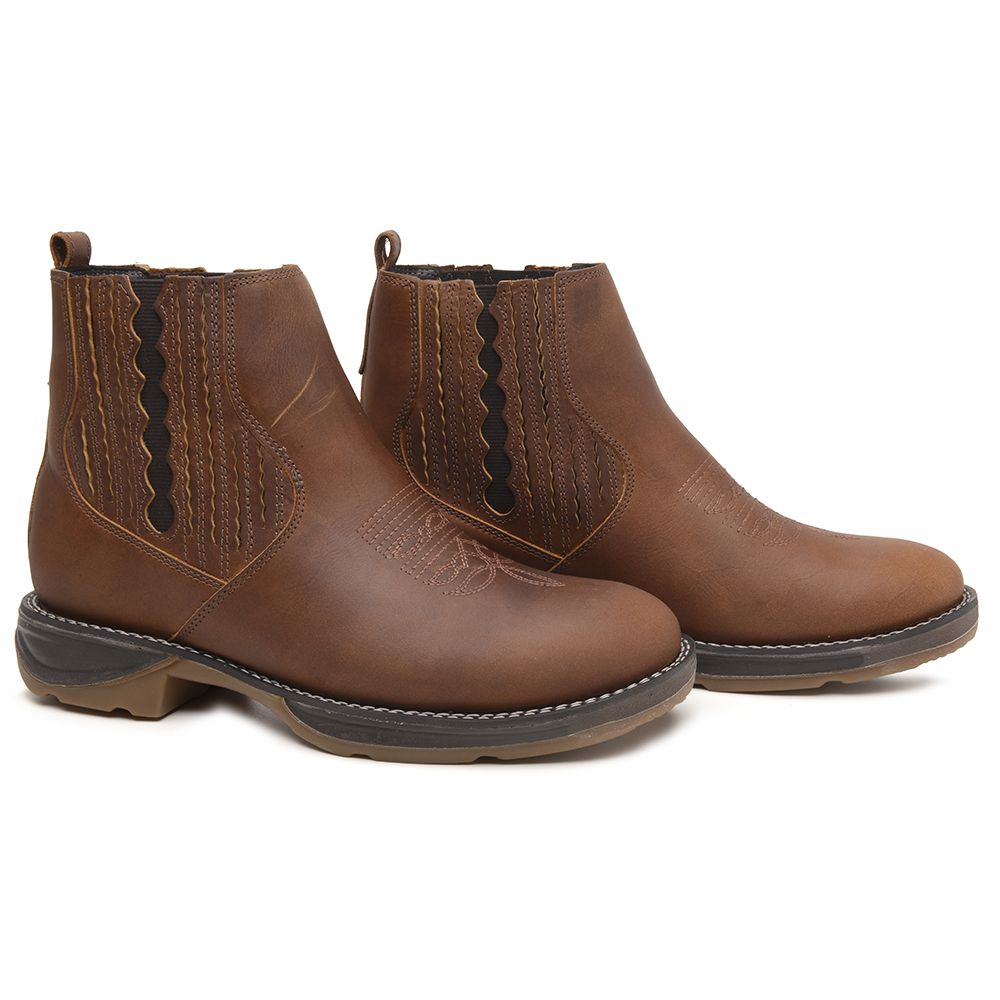 BOTA TEXANA ANATÔMICA COURO RÚSTICO FOSCO CARAMELO BICO REDONDO MODELO 1001