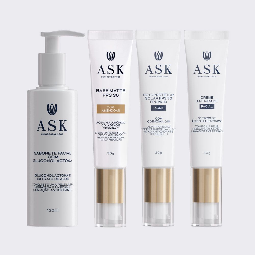 Kit Base Matte Amêndoas, Sabonete com Gluco, Fotoprotetor e Anti-idade ASK