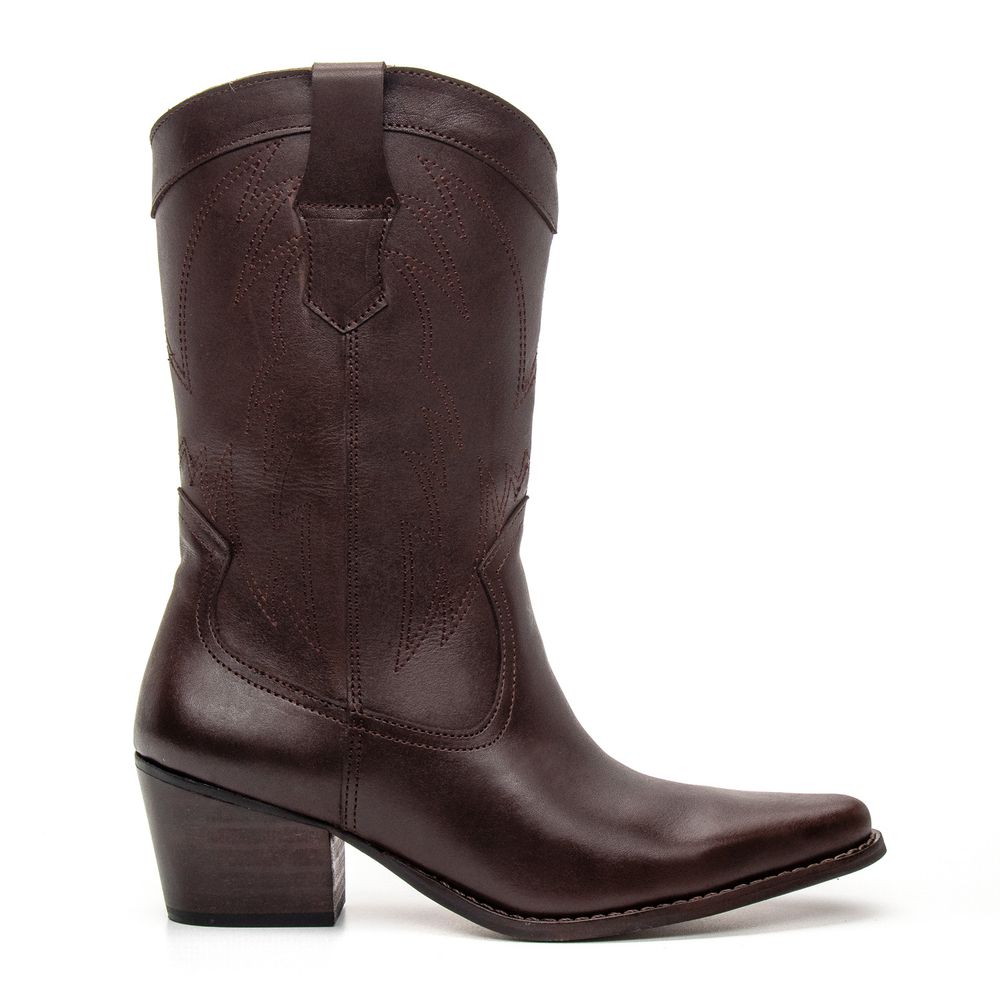 BOTA TEXANA CANO MÉDIO FEMININA COURO CAFÉ