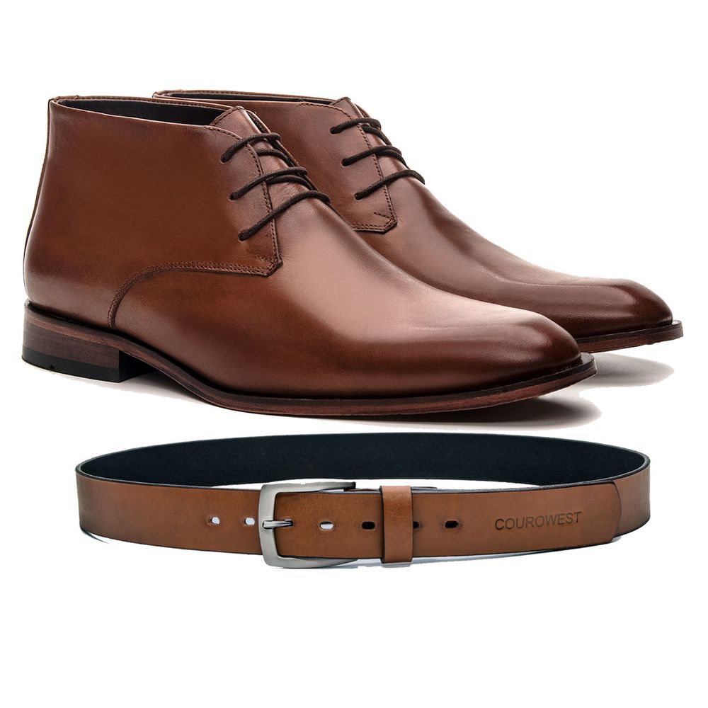 KIT SAPATO SOCIAL CANO LONGO COURO NOBRE WHISKY + CINTO