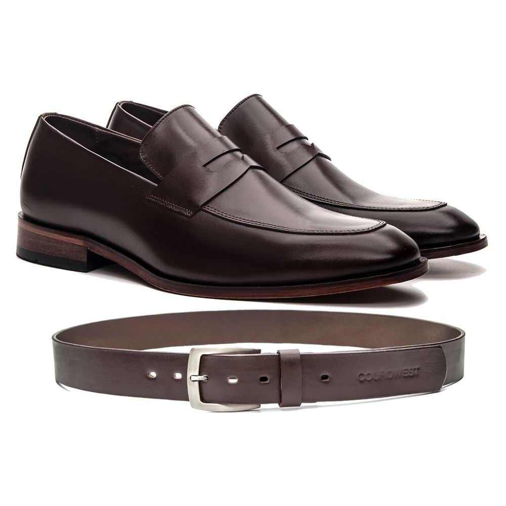 KIT SAPATO LOAFER ITALIANO COURO NOBRE CAFÉ + CINTO