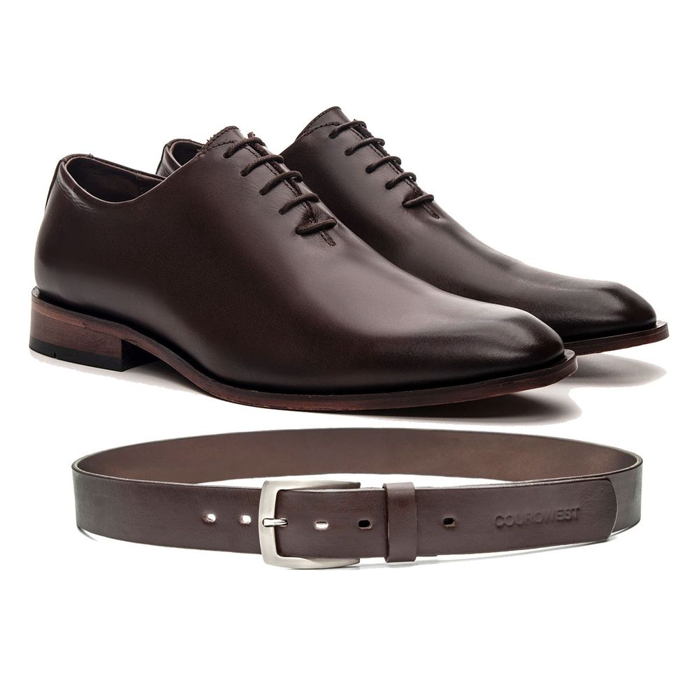 KIT SAPATO SOCIAL WHOLECUT COURO NOBRE CAFÉ + CINTO