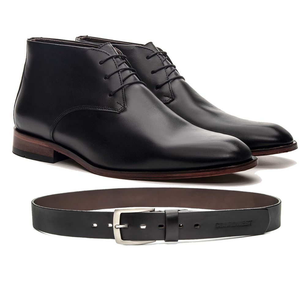 KIT SAPATO SOCIAL CANO LONGO COURO NOBRE PRETO + CINTO