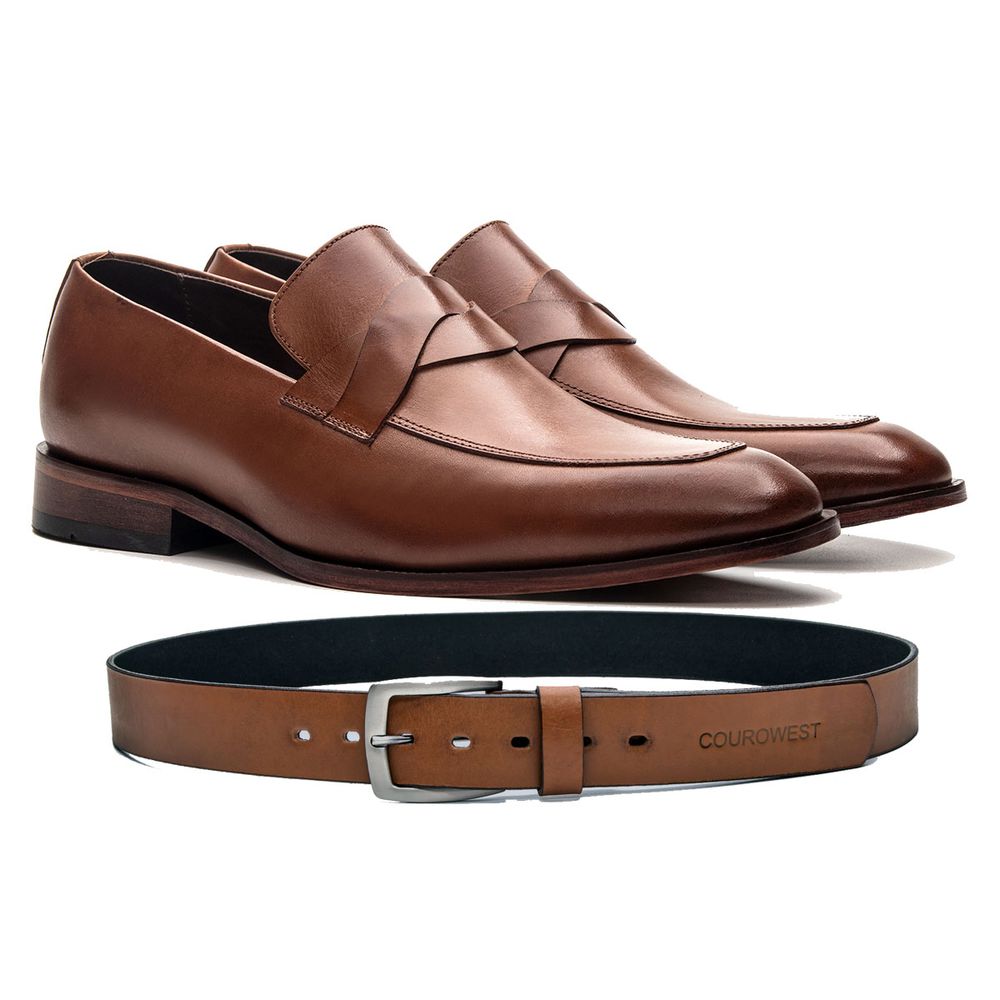 KIT SAPATO LOAFER FRANCÊS COURO NOBRE WHISKY + CINTO