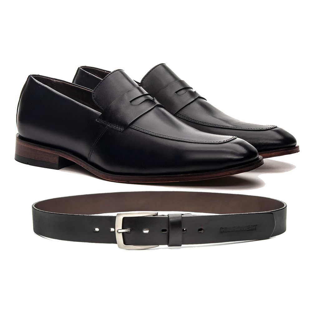 KIT SAPATO LOAFER ITALIANO COURO NOBRE PRETO + CINTO