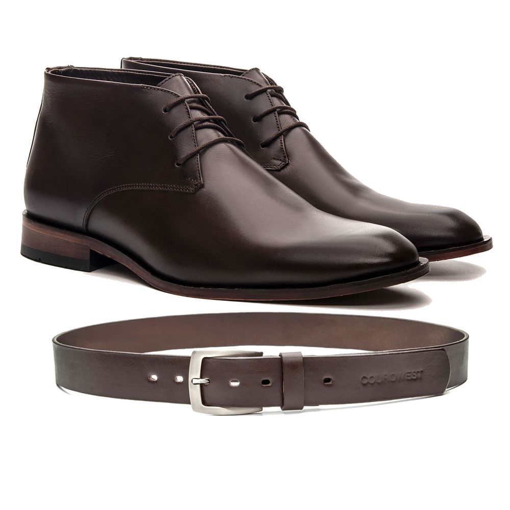 KIT SAPATO SOCIAL CANO LONGO COURO NOBRE CAFÉ + CINTO