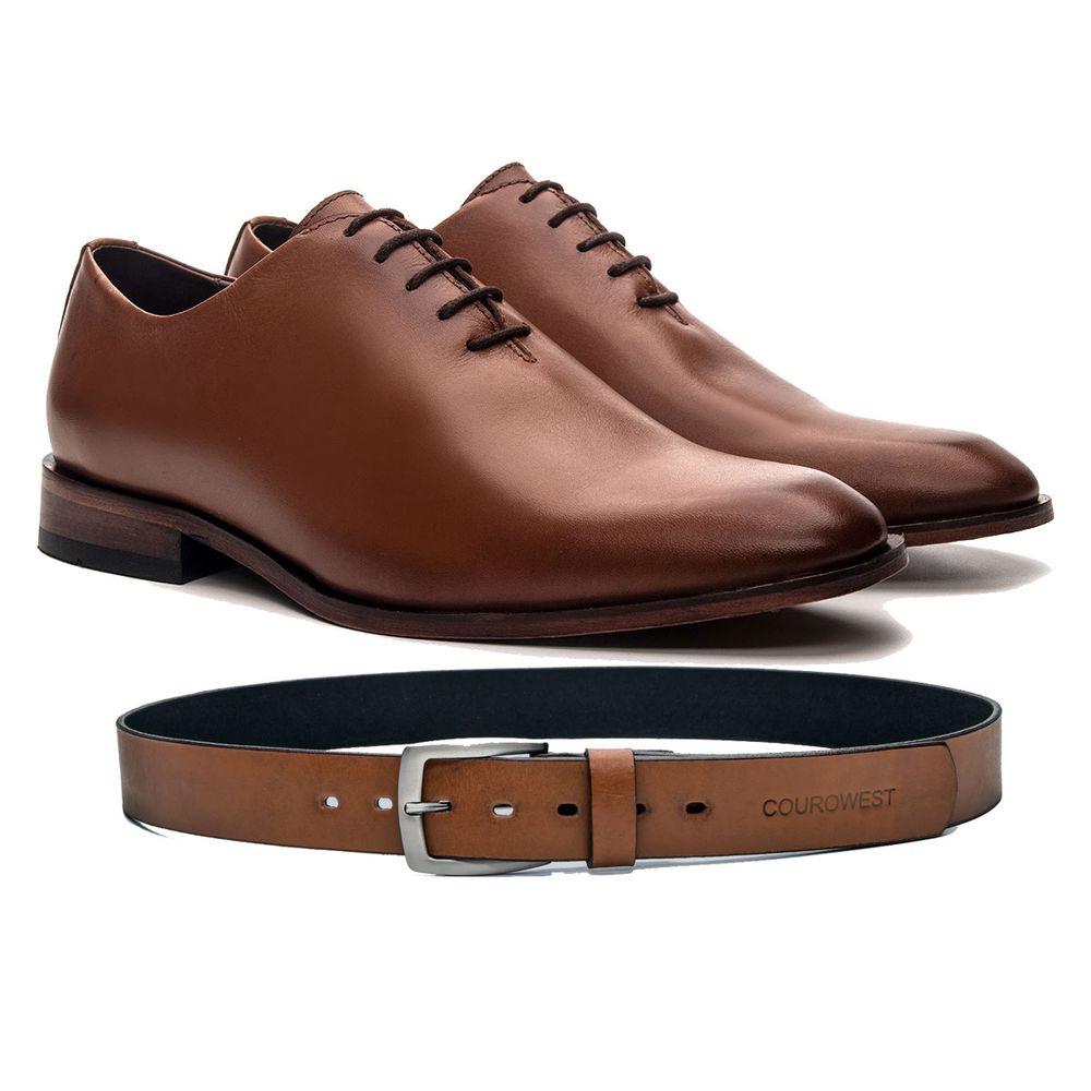 KIT SAPATO SOCIAL WHOLECUT COURO NOBRE WHISKY + CINTO