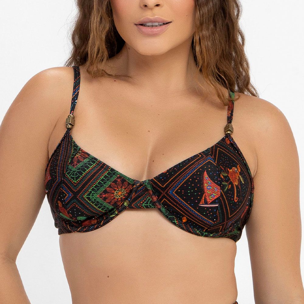 TOP MEIA TAÇA C/ ALÇAS DECOR ESTAMPADO ARTE POPULAR