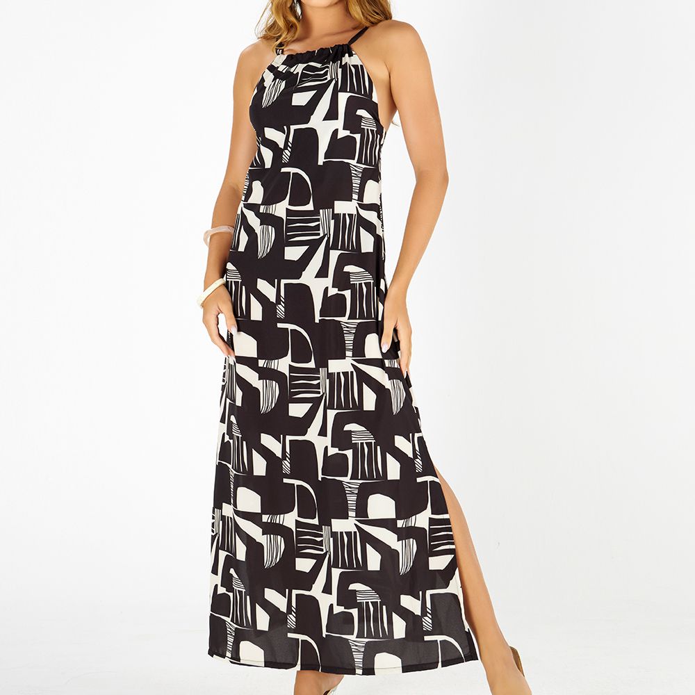 VESTIDO FRENTE UNICA COM AMARRACAO CALCARIO ABSTRATO