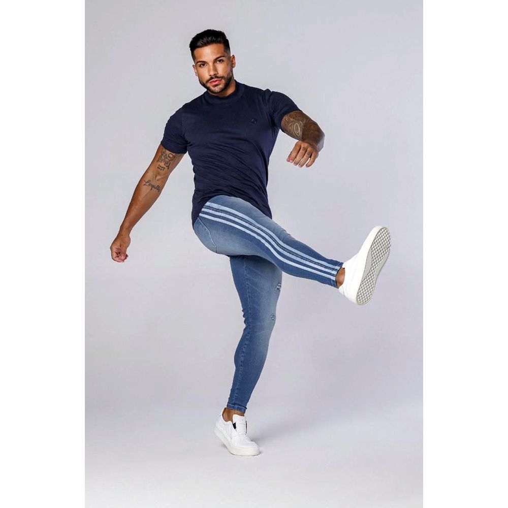 Calça Jeans Skinny Faixa Dupla Lateral Com Devorê Destroyed