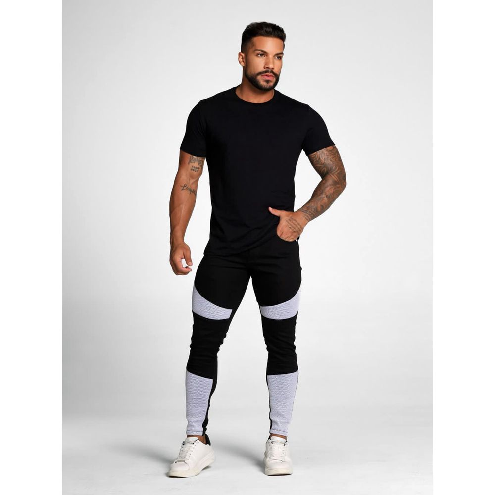 Calça Bicolor Skinny Masculina Recortes Telinha Streetwear Preto