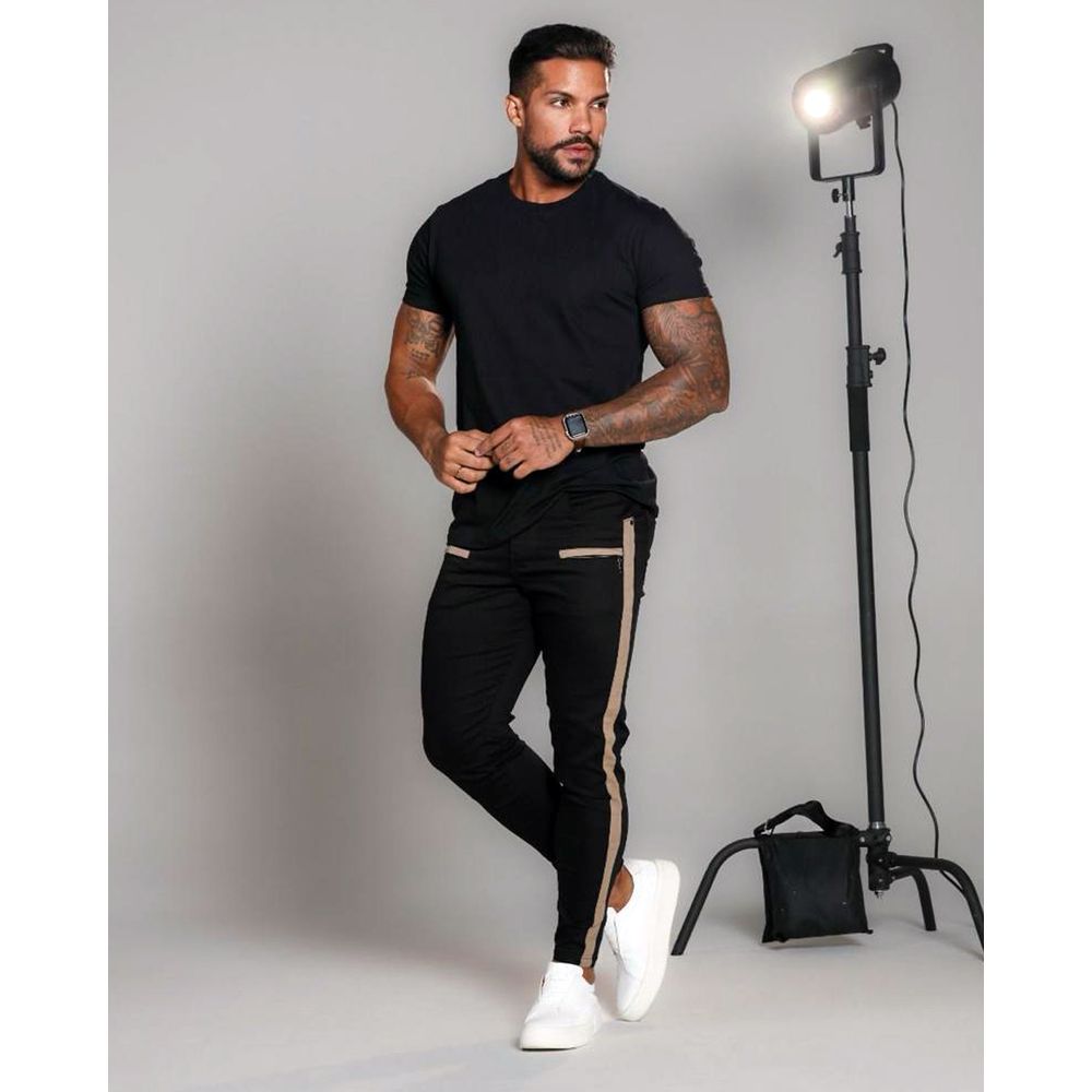 Calça Preta Skinny Masculina Faixa Lateral Ziper Streetwear Preto