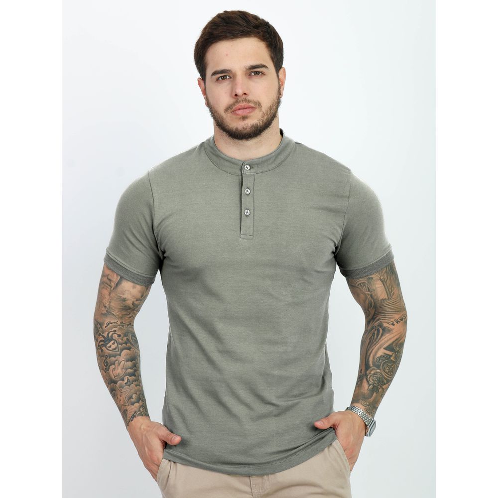 Camiseta Masculina Henley Camisa Gola Padre Suedine Slim Fit Verde-Crepom