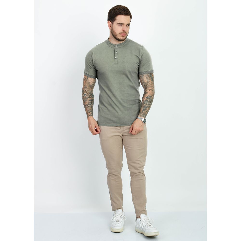 Camiseta Masculina Henley Camisa Gola Padre Suedine Slim Fit Verde-Crepom