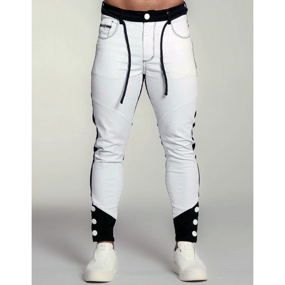 Calça Branca Bicolor Preta Skinny Botão na Barra Streetwear Branco