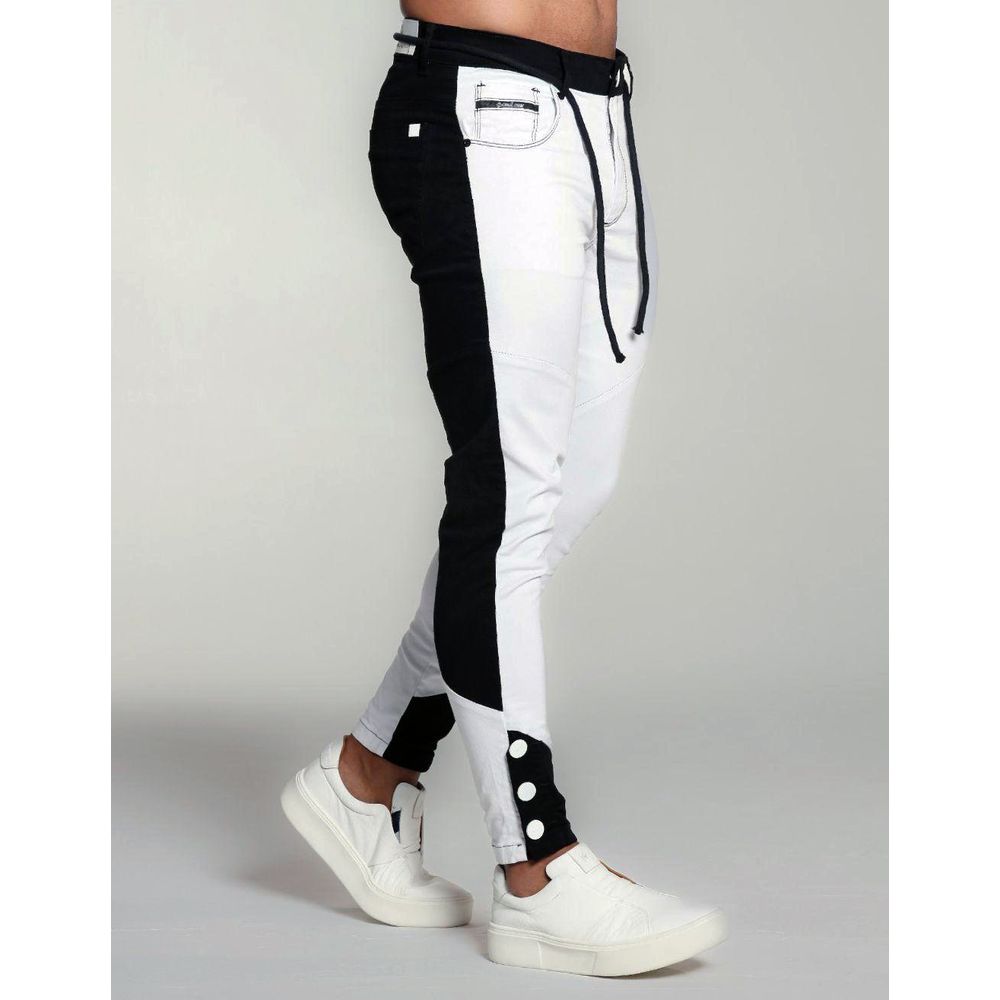Calça Branca Bicolor Preta Skinny Botão na Barra Streetwear Branco