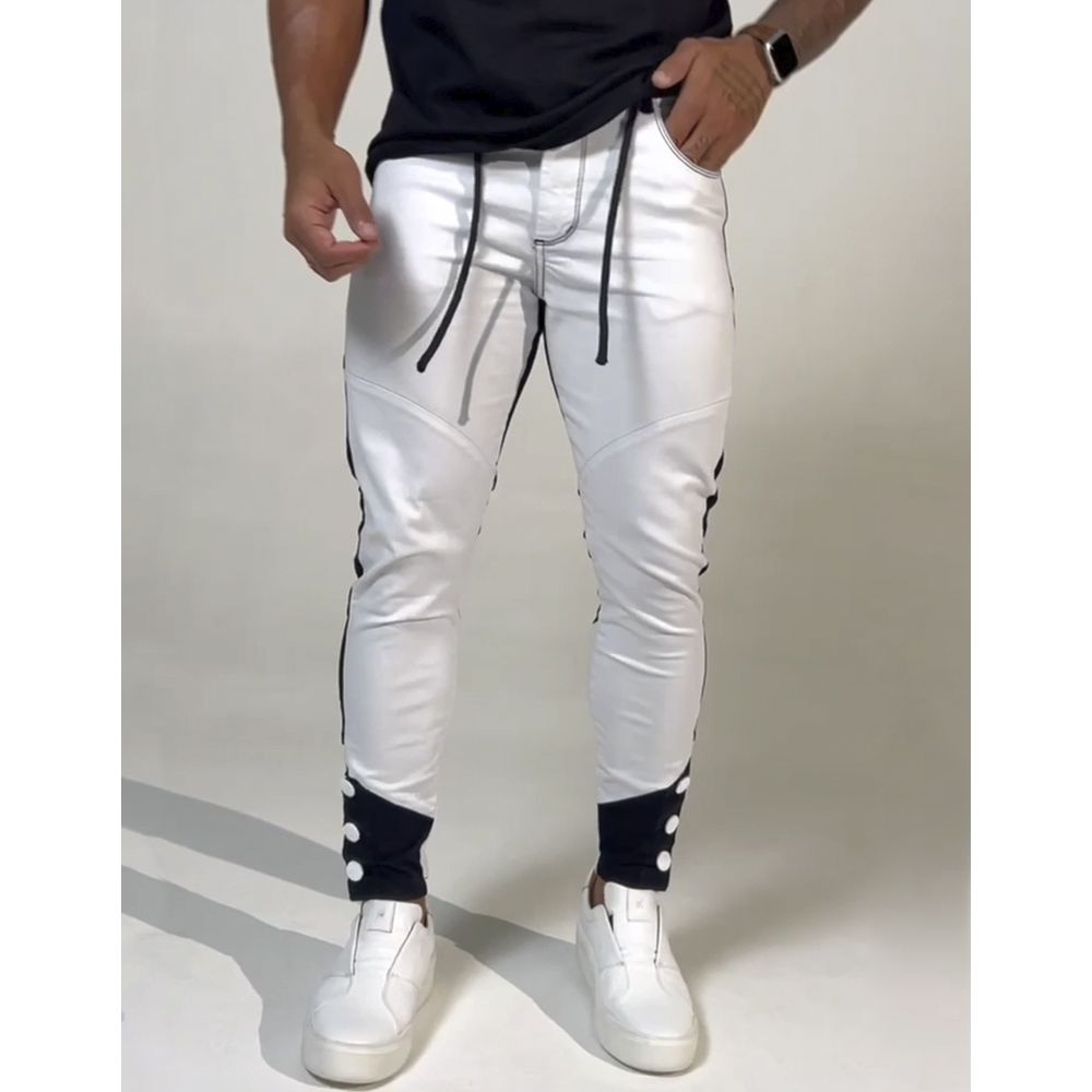 Calça Branca Bicolor Preta Skinny Botão na Barra Streetwear Branco