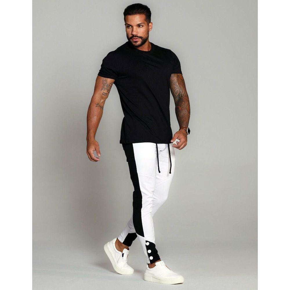 Calça Branca Bicolor Preta Skinny Botão na Barra Streetwear Branco