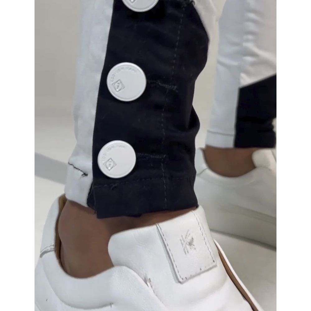 Calça Branca Bicolor Preta Skinny Botão na Barra Streetwear Branco