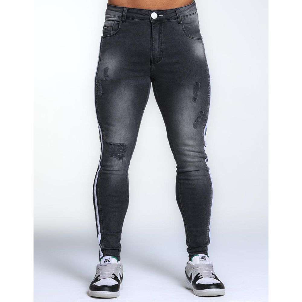 Calça Jeans Cinza Marmorizada Faixa Lateral Devorê Destroyed Codi Jeans